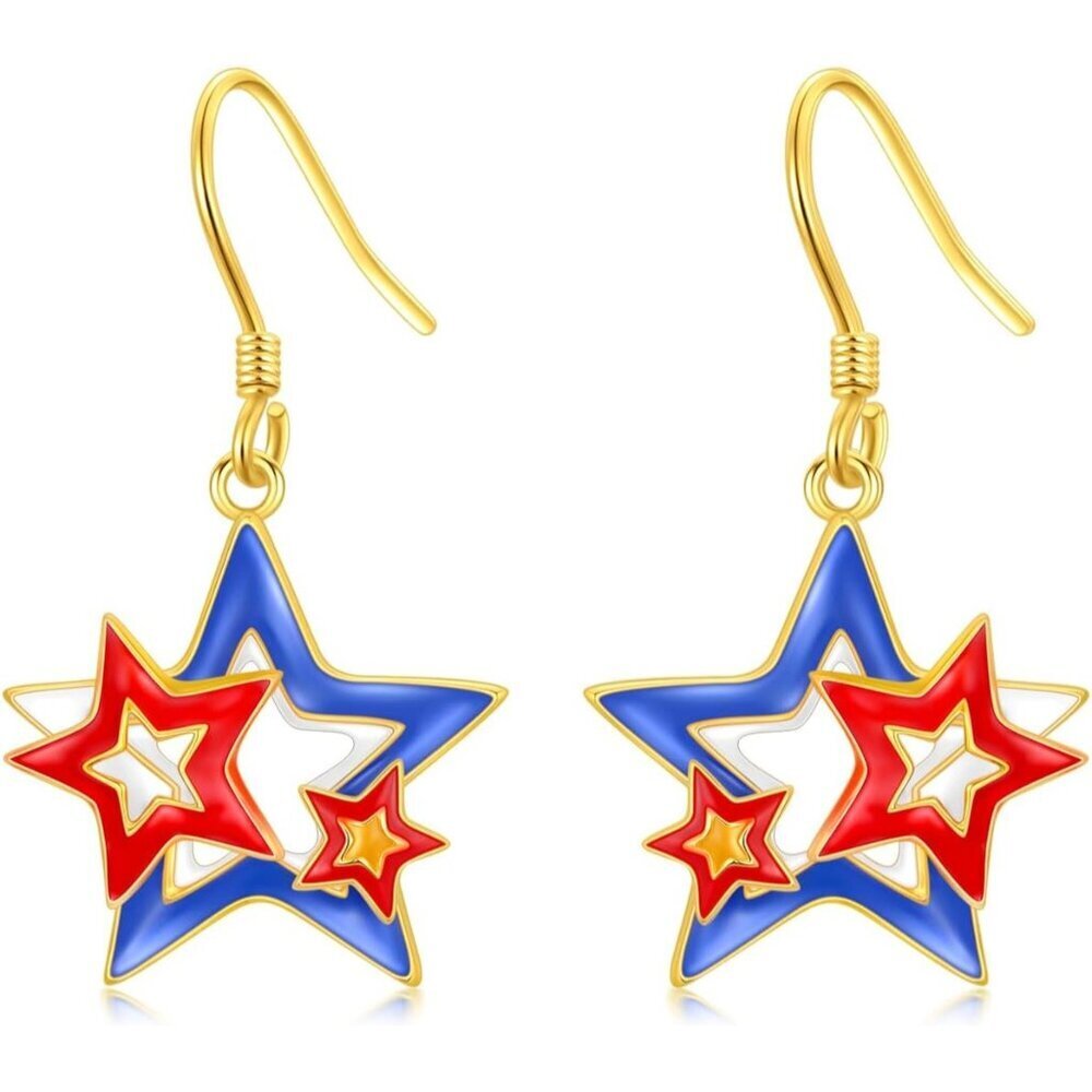 925 Sterling Silver Red White and Blue American Flag Dangle Earring for Women